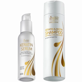 VITAMINS hair cosmetics Keratin Serum & Shampoo Kit, Weightless Heat Protectant Anti Frizz Serum & Protein Clarifying Shampoo Set for Color Treated Frizzy Dry Damaged Hair & Scalp, Shine & Gloss Boost