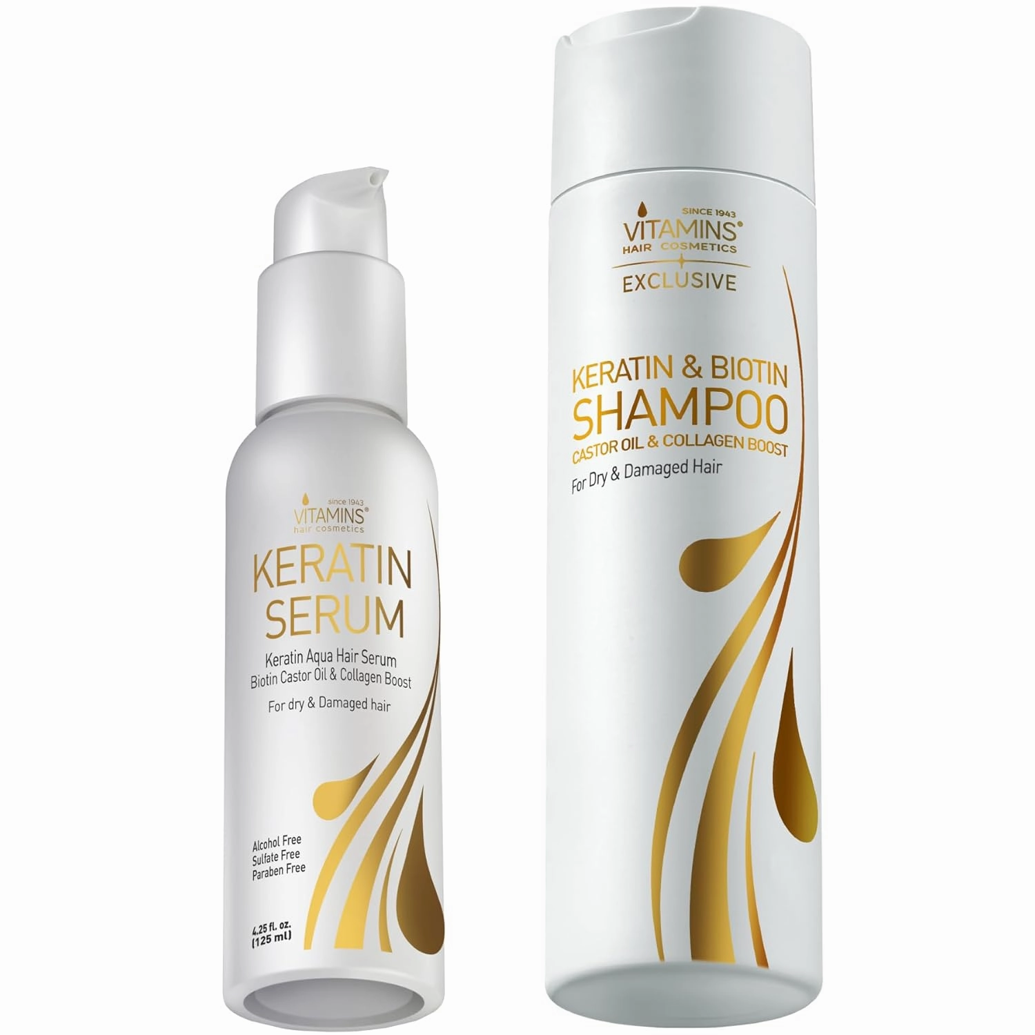 VITAMINS hair cosmetics Keratin Serum & Shampoo Kit, Weightless Heat Protectant Anti Frizz Serum & Protein Clarifying Shampoo Set for Color Treated Frizzy Dry Damaged Hair & Scalp, Shine & Gloss Boost