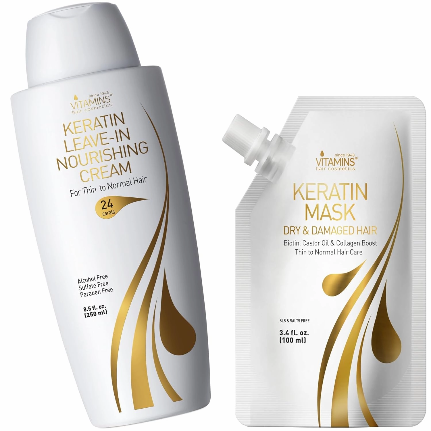 VITAMINS hair cosmetics Keratin Thin Hair Leave-In Conditioner & Hair Mask Travel Kit - Hydrating No Rinse Cream & Deep Conditioning Hair Mask for Thin Fine Hair - Pro Salon Care for Dry Damaged Hair