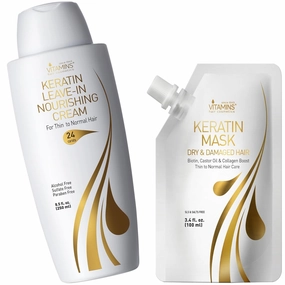 VITAMINS hair cosmetics Keratin Thin Hair Leave-In Conditioner & Hair Mask Travel Kit - Hydrating No Rinse Cream & Deep Conditioning Hair Mask for Thin Fine Hair - Pro Salon Care for Dry Damaged Hair