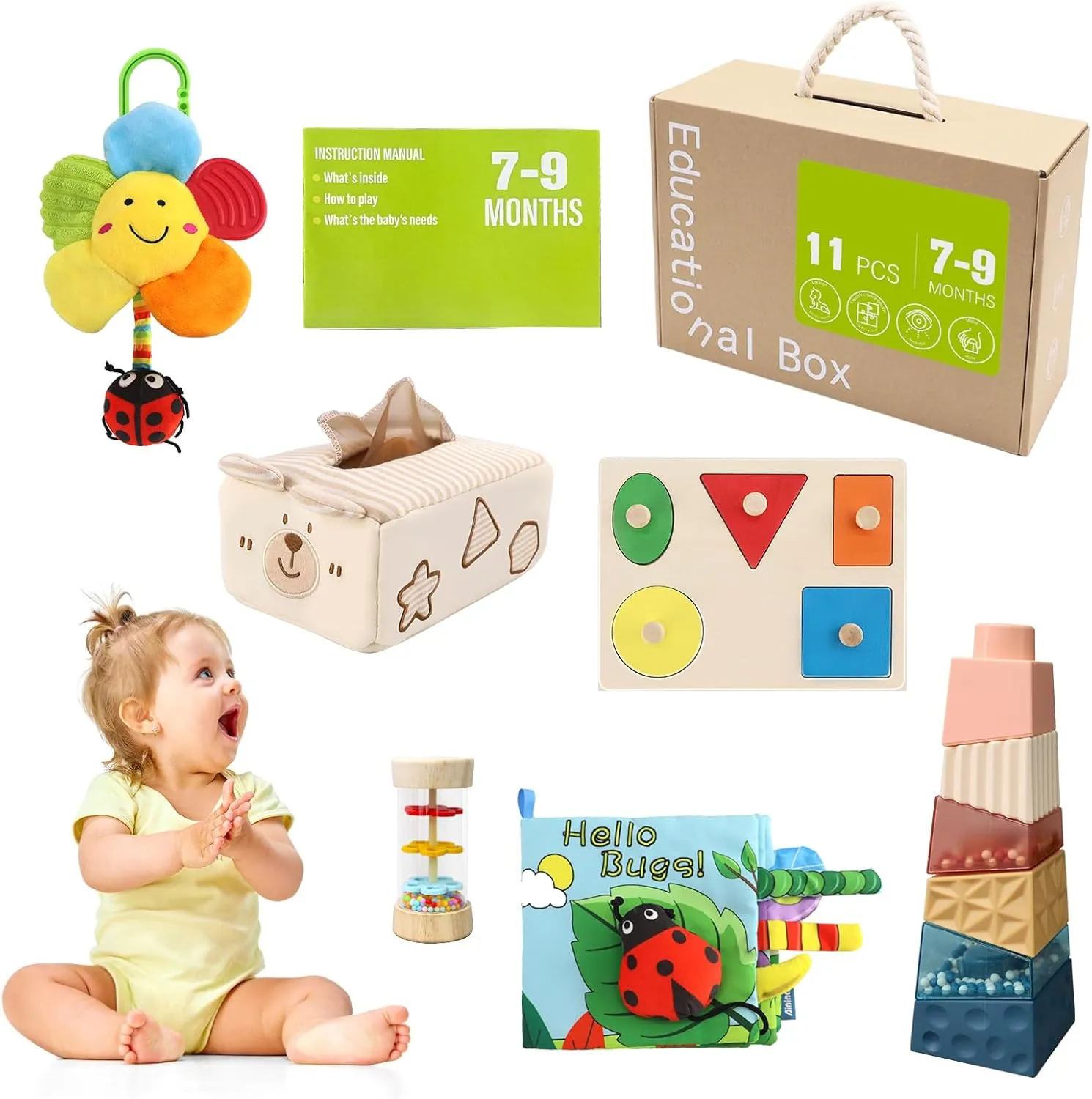 vocheer Stacking Toys for Babies 6-12 Months, 6 in 1 Montessori Toys 7-9 Months Brain Development, Infant Tummy Time Sensory Toy, Early Education Babies Toy Kit Gift
