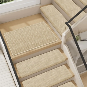 VONDERZ Bullnose Stair Landing mat, Peel and Stick Carpet Stair Treads for Wooden Steps Indoor with Adhesive Non-Slip Backing - Lattice Pattern Beige