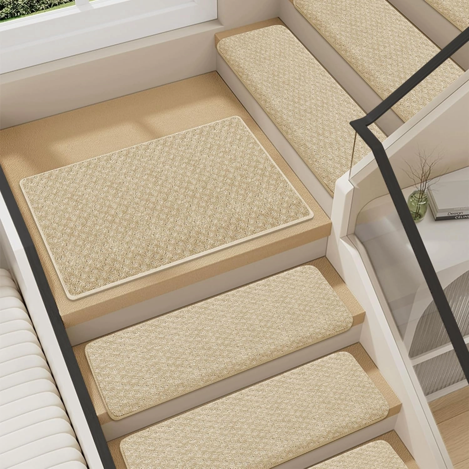 VONDERZ Bullnose Stair Landing mat, Peel and Stick Carpet Stair Treads for Wooden Steps Indoor with Adhesive Non-Slip Backing - Lattice Pattern Beige