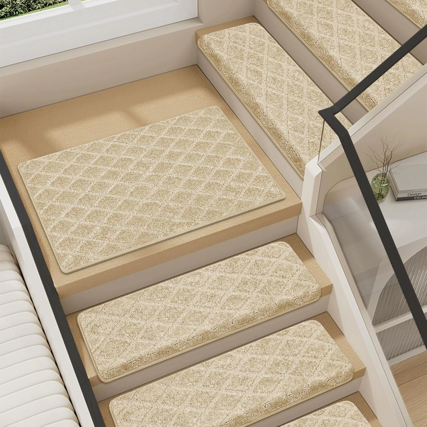 VONDERZ Stair Landing Mat 24 * 36 Inch, Peel and Stick Carpet Stair Treads for Wooden Steps Indoor with Adhesive Non-Slip Backing - Diamond Pattern Beige