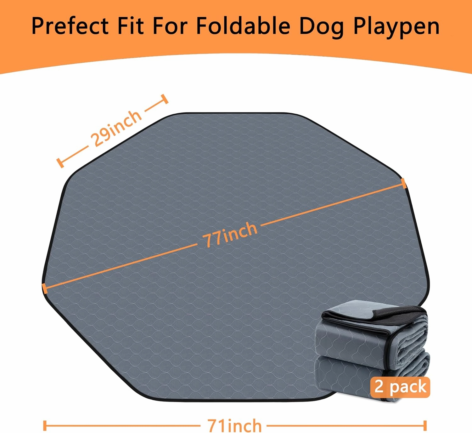 Washable Pee Pads for Dogs, 2 Pack, Grey, Polyester, Reusable Pet Training Pads, Octagon, 71'' Diagonal, Non-Slip, Super Absorbent