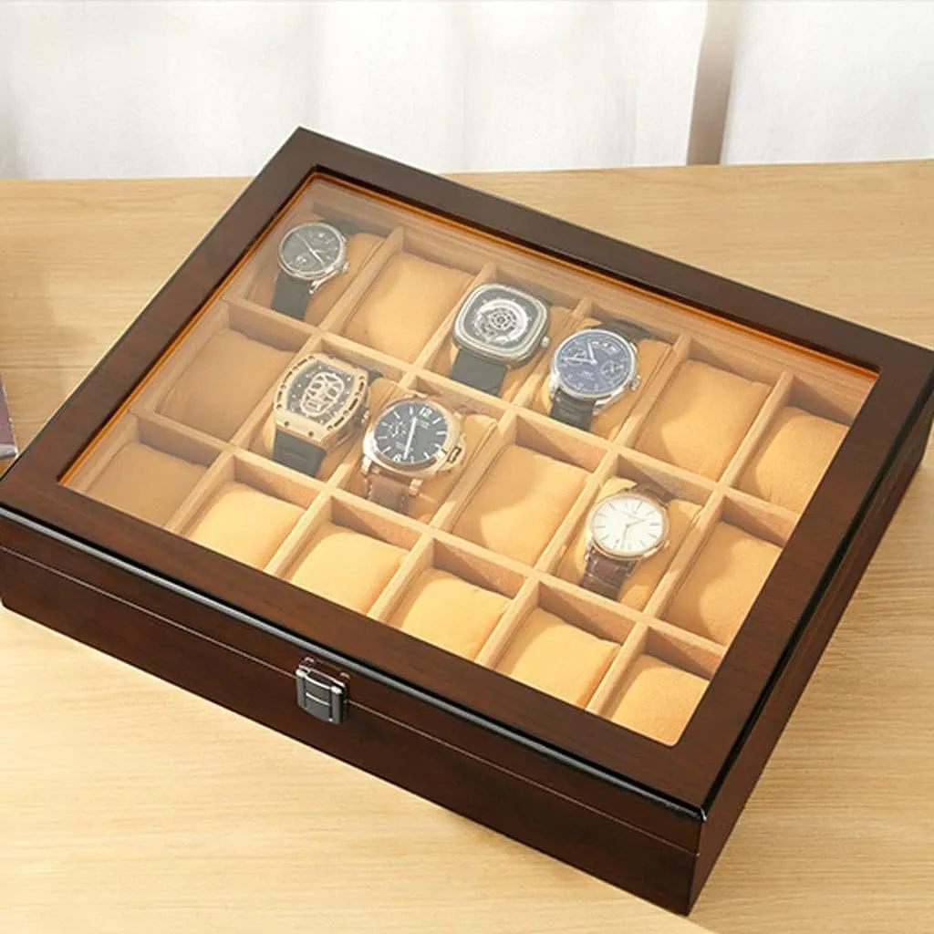 Watch Case Watch Roll Watch Winder 18-pcs Wooden Watch Box with Transparent Glass Top Cover,Lockable Jewelry Storage Box Watch Box Watch Organizer