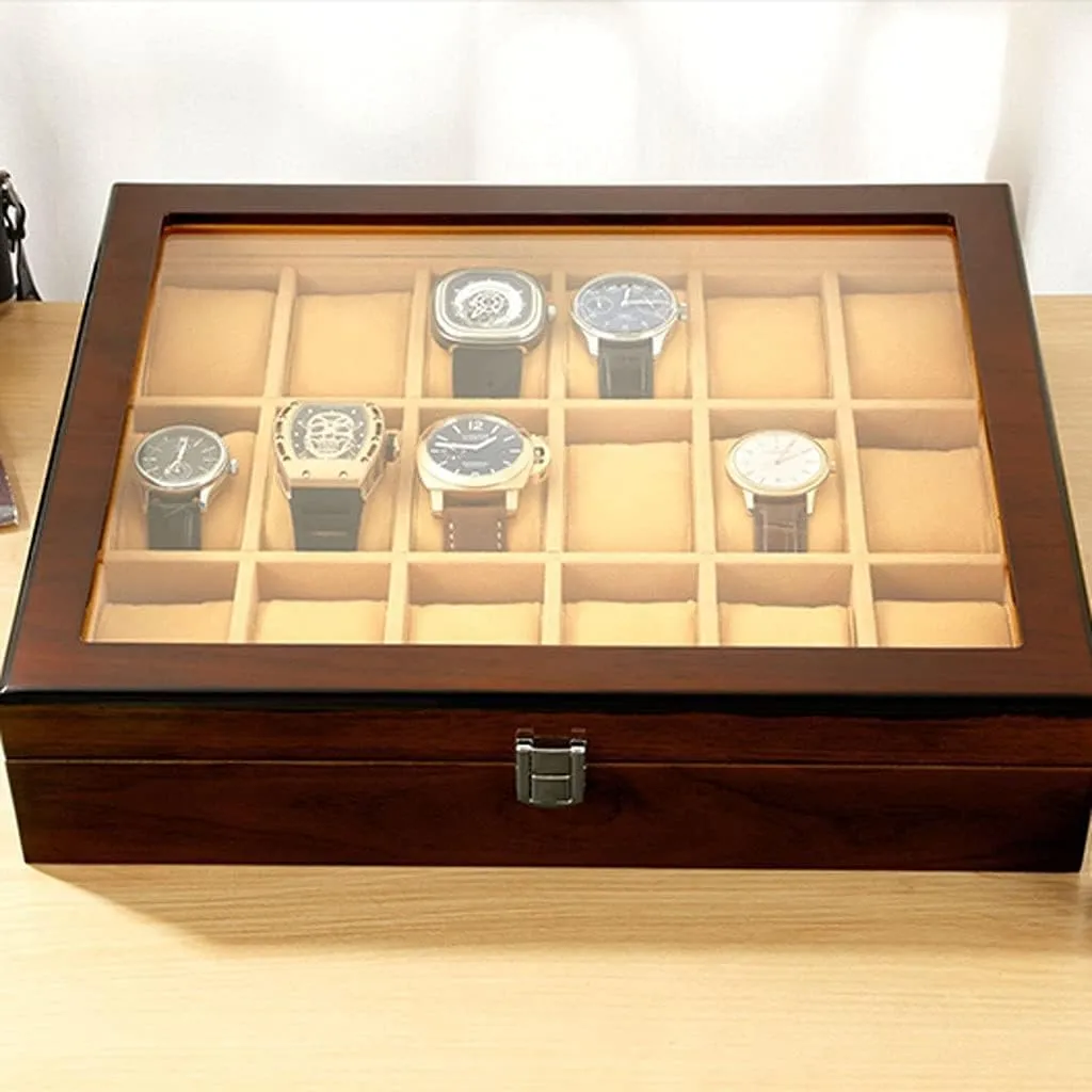 Watch Case Watch Roll Watch Winder 18-pcs Wooden Watch Box with Transparent Glass Top Cover,Lockable Jewelry Storage Box Watch Box Watch Organizer