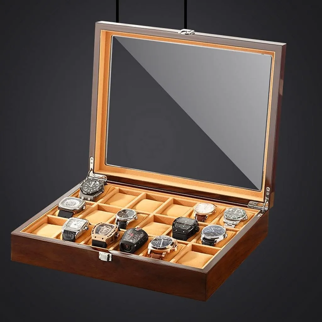Watch Case Watch Roll Watch Winder 18-pcs Wooden Watch Box with Transparent Glass Top Cover,Lockable Jewelry Storage Box Watch Box Watch Organizer