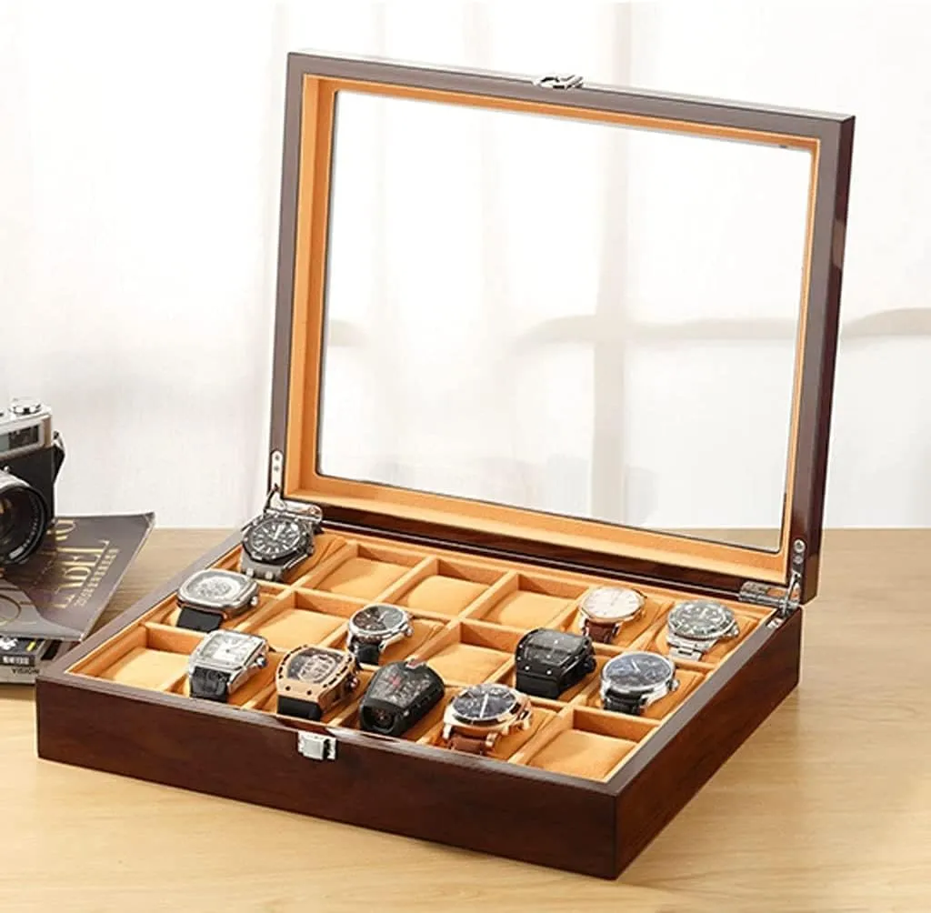Watch Case Watch Roll Watch Winder 18-pcs Wooden Watch Box with Transparent Glass Top Cover,Lockable Jewelry Storage Box Watch Box Watch Organizer