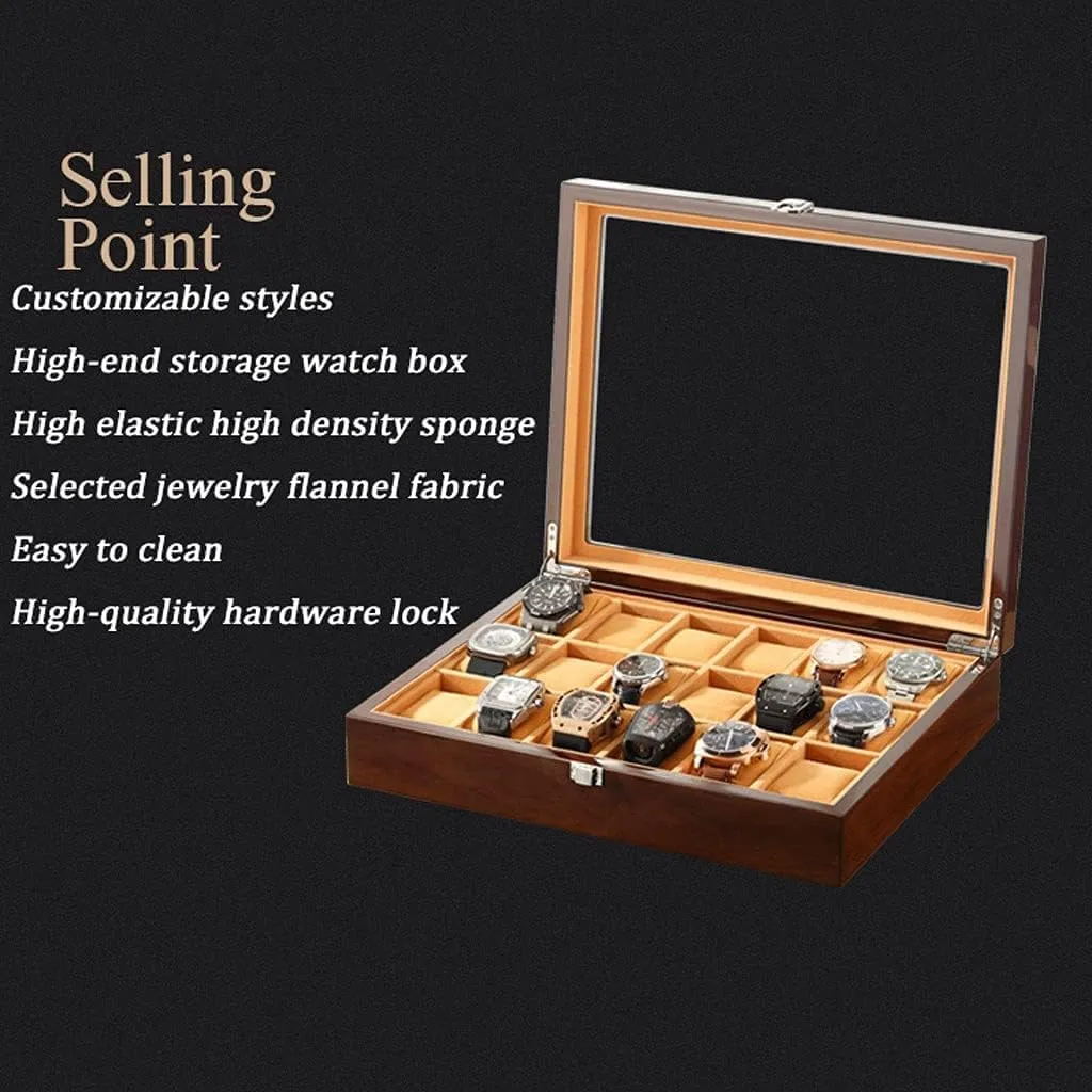 Watch Case Watch Roll Watch Winder 18-pcs Wooden Watch Box with Transparent Glass Top Cover,Lockable Jewelry Storage Box Watch Box Watch Organizer