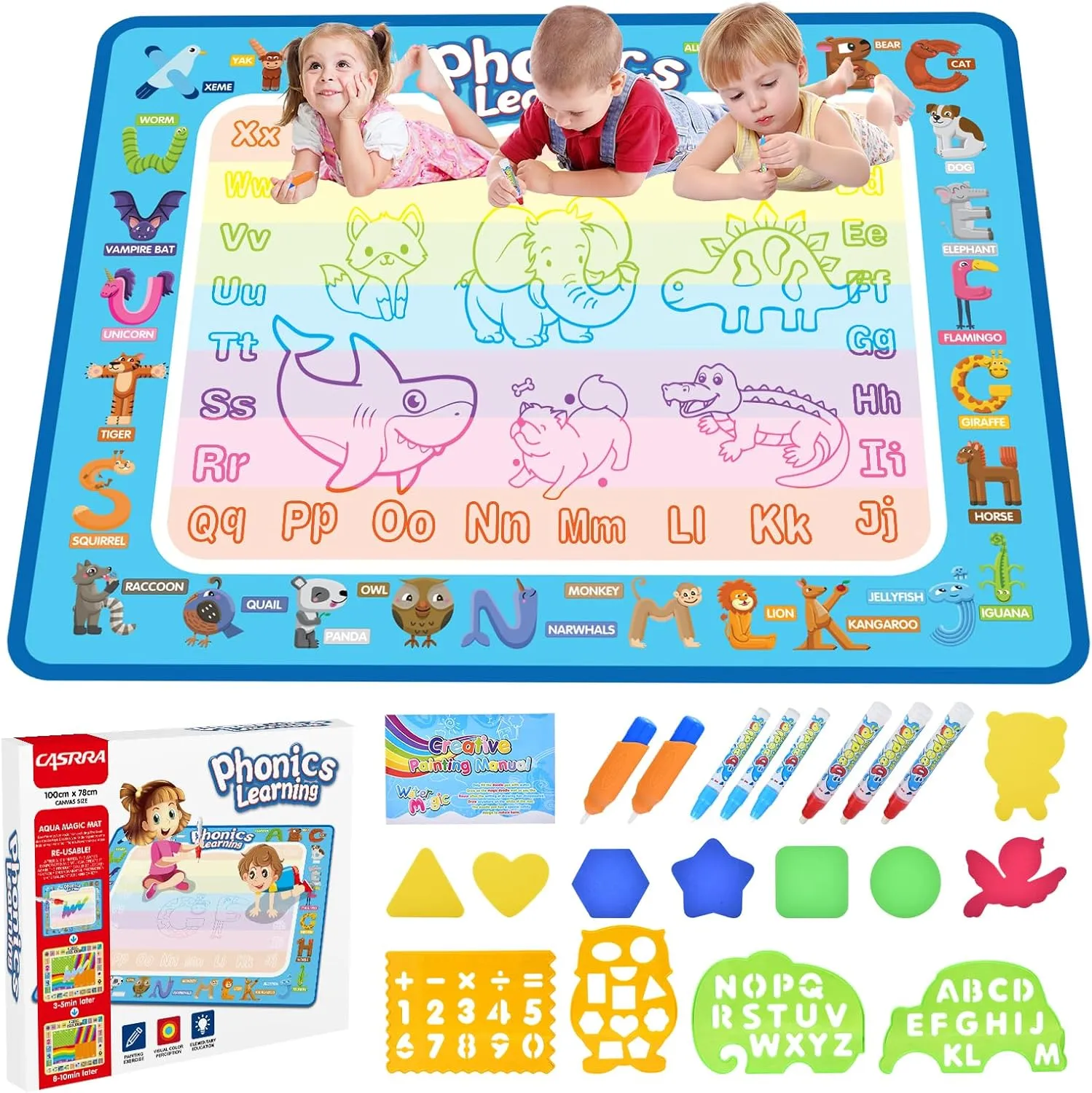 Water Doodle Mat 40 X 32 Inches Large Magic Drawing Doodling Board Aqua Coloring Pad Painting Educational Toys Birthday Gifts for Kids Toddler Boys Girls Age 2 3 4 5 6 7 Year Old (Alphabet)