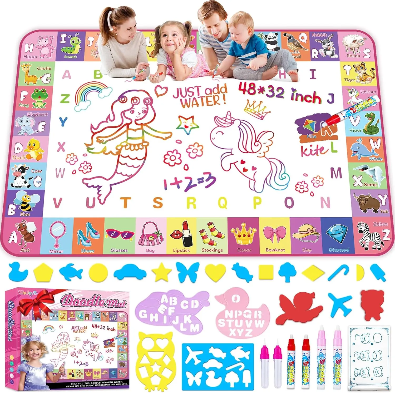 Water Doodle Mat, 48 X 32 Inch Extra Large Water Painting Drawing Color Doodle Mat, Educational Toys for 3  Year Old, Toddler Toys for Age 3 4 5 6 7 8 Year Old Girls Boys Birthday Christmas Gifts