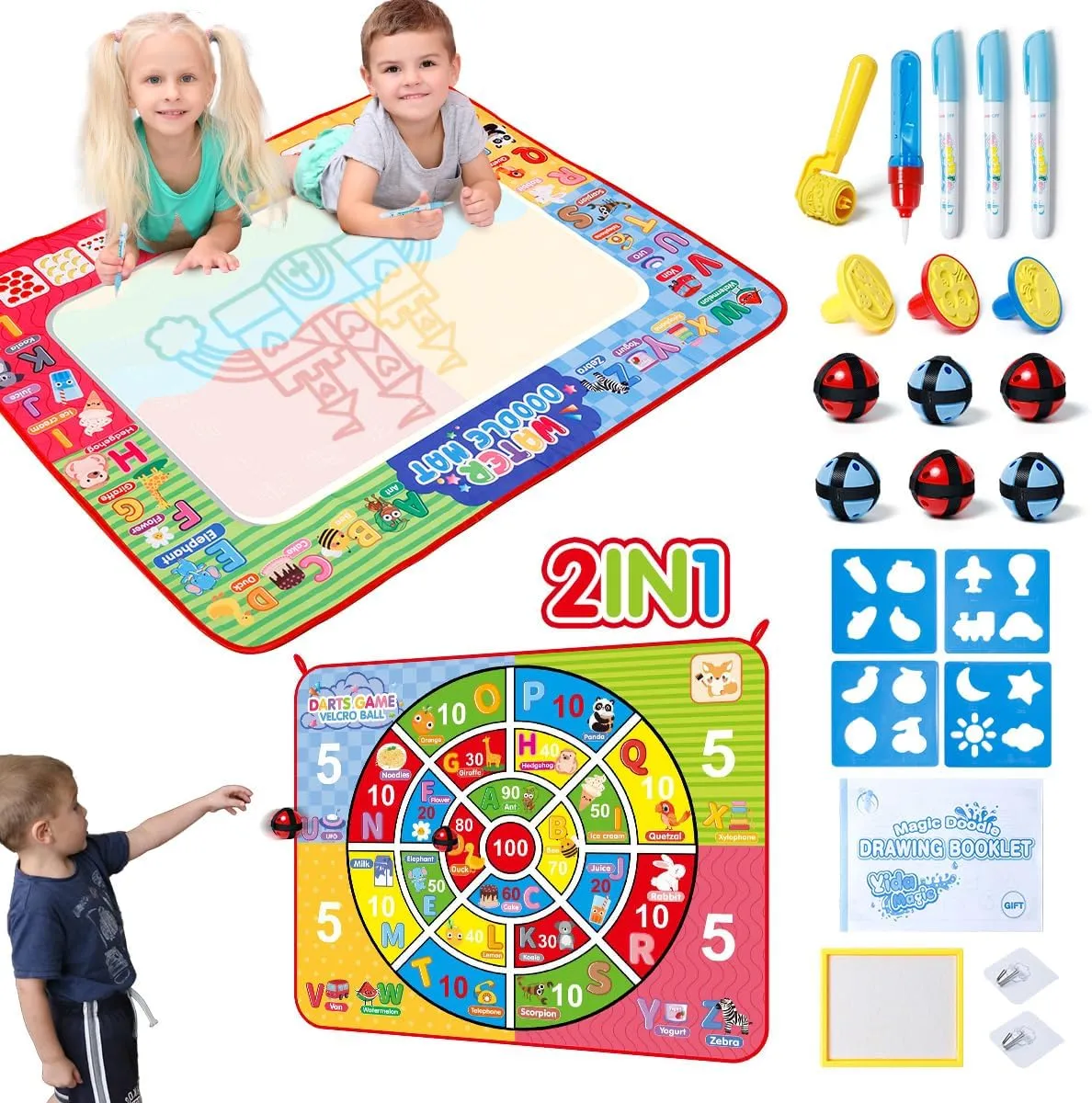 Water Doodle Mat & Dart Board Toddlers Toys for 2-4 Large Painting Drawing Water Color Mat for Kid Educational Toys Mess Free Reusable Magic Mat Birthday Gift for 2 3 4 5 7 Years Old Boy Girl