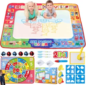 Water Doodle Mat & Dart Board Toddlers Toys for 2-4 Large Painting Drawing Water Color Mat for Kid Educational Toys Mess Free Reusable Magic Mat Birthday Gift for 2 3 4 5 7 Years Old Boy Girl