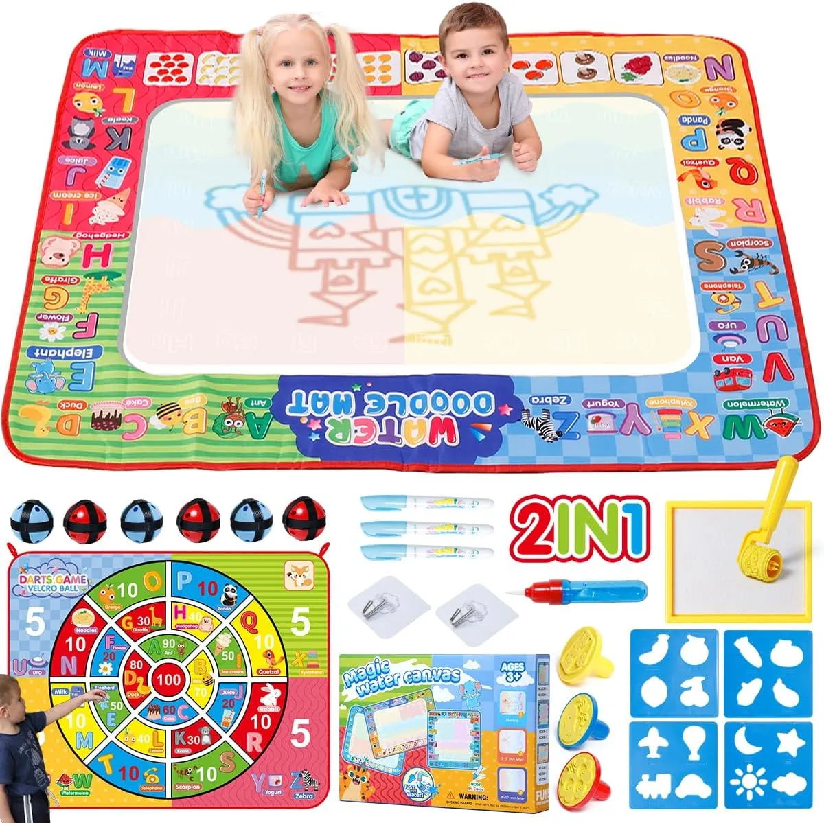 Water Doodle Mat & Dart Board Toddlers Toys for 2-4 Large Painting Drawing Water Color Mat for Kid Educational Toys Mess Free Reusable Magic Mat Birthday Gift for 2 3 4 5 7 Years Old Boy Girl