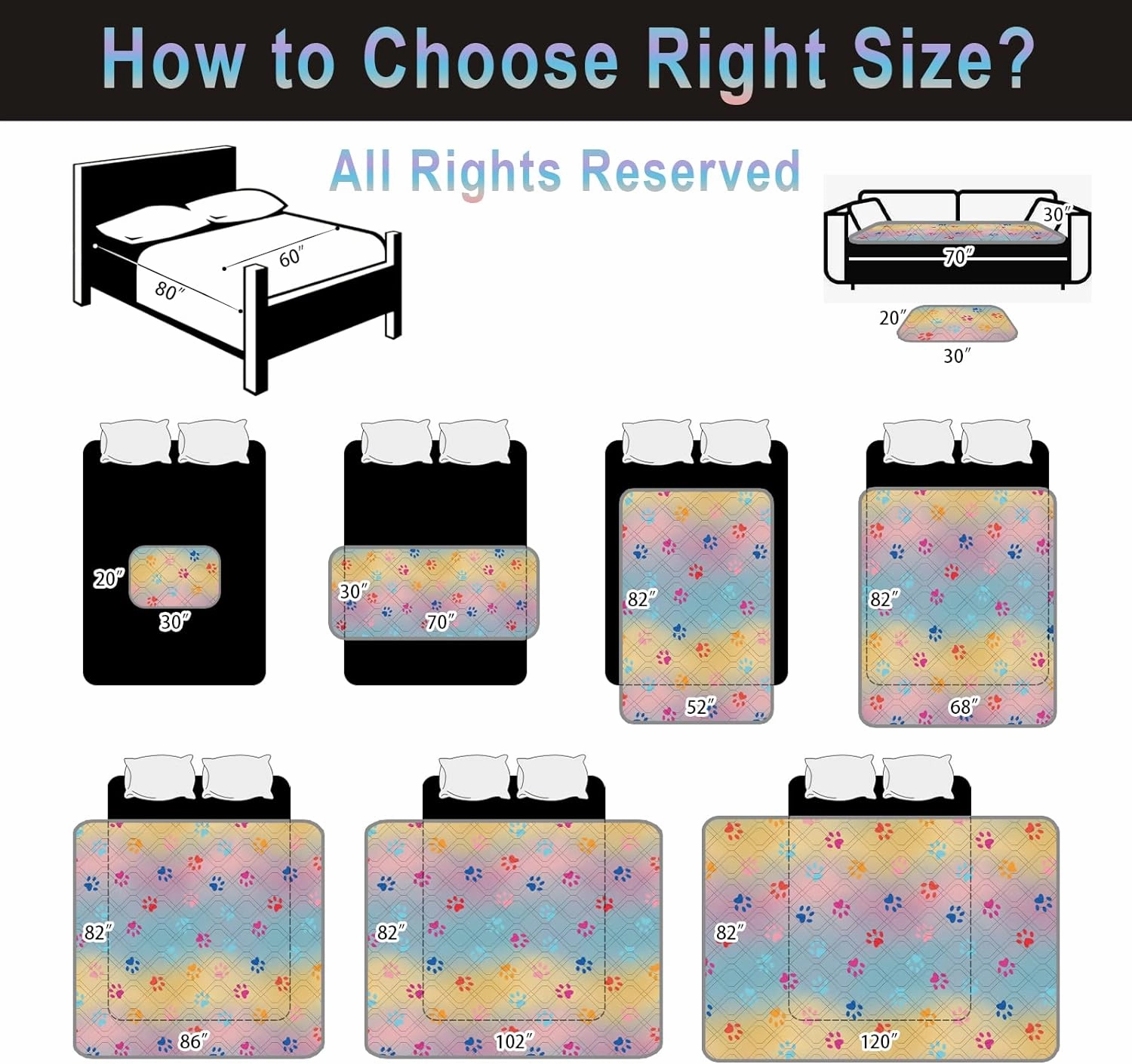 Waterproof Dog Bed Cover 30x70 inch Reversible Pad Reusable Camping Mat for Kids/Pet/Dog/Cat Washable Geometric Embroidery Blanket Patchwork Rainbow Dog Paw Printed Gray