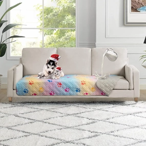 Waterproof Dog Bed Cover 30x70 inch Reversible Pad Reusable Camping Mat for Kids/Pet/Dog/Cat Washable Geometric Embroidery Blanket Patchwork Rainbow Dog Paw Printed Gray