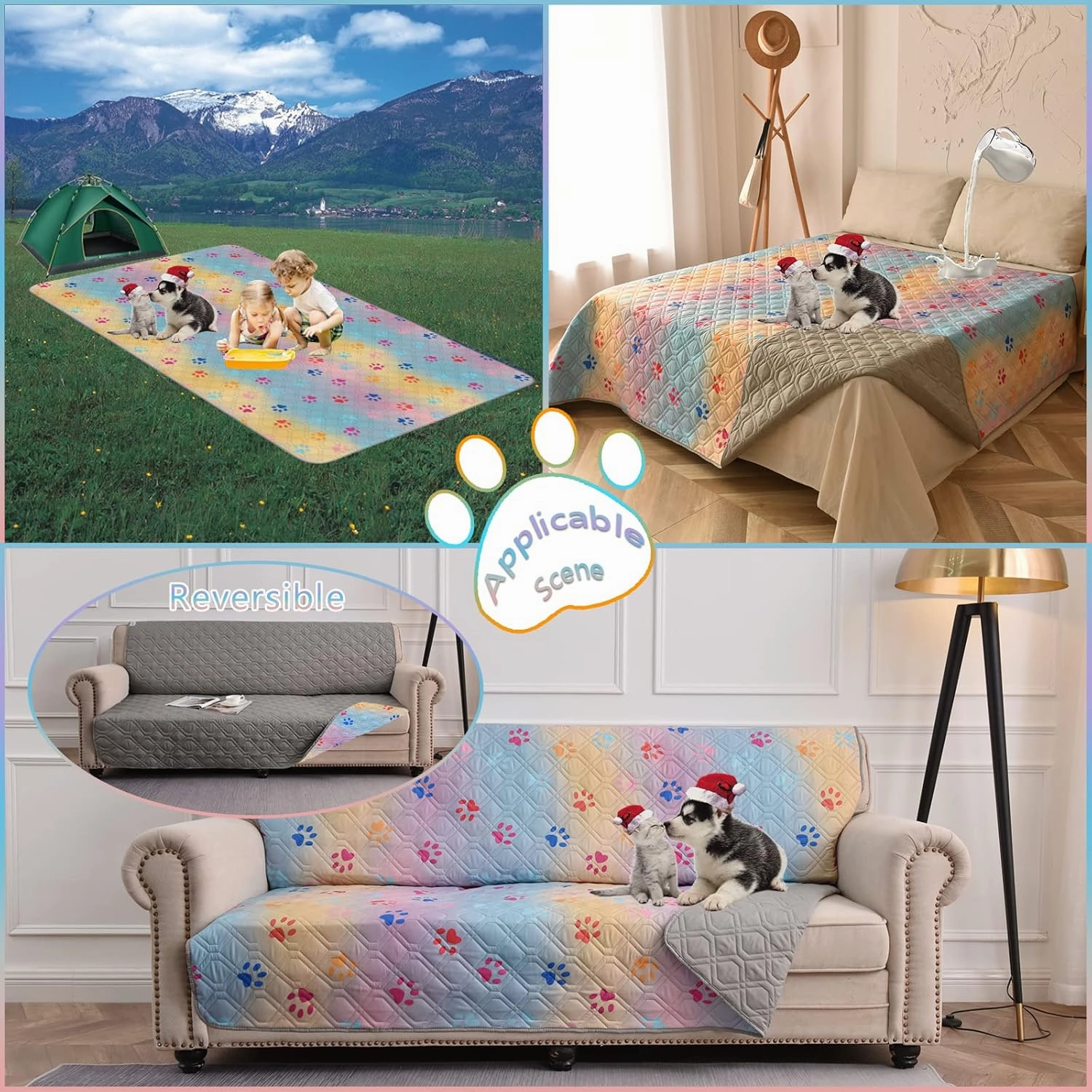 Waterproof Dog Bed Cover 30x70 inch Reversible Pad Reusable Camping Mat for Kids/Pet/Dog/Cat Washable Geometric Embroidery Blanket Patchwork Rainbow Dog Paw Printed Gray