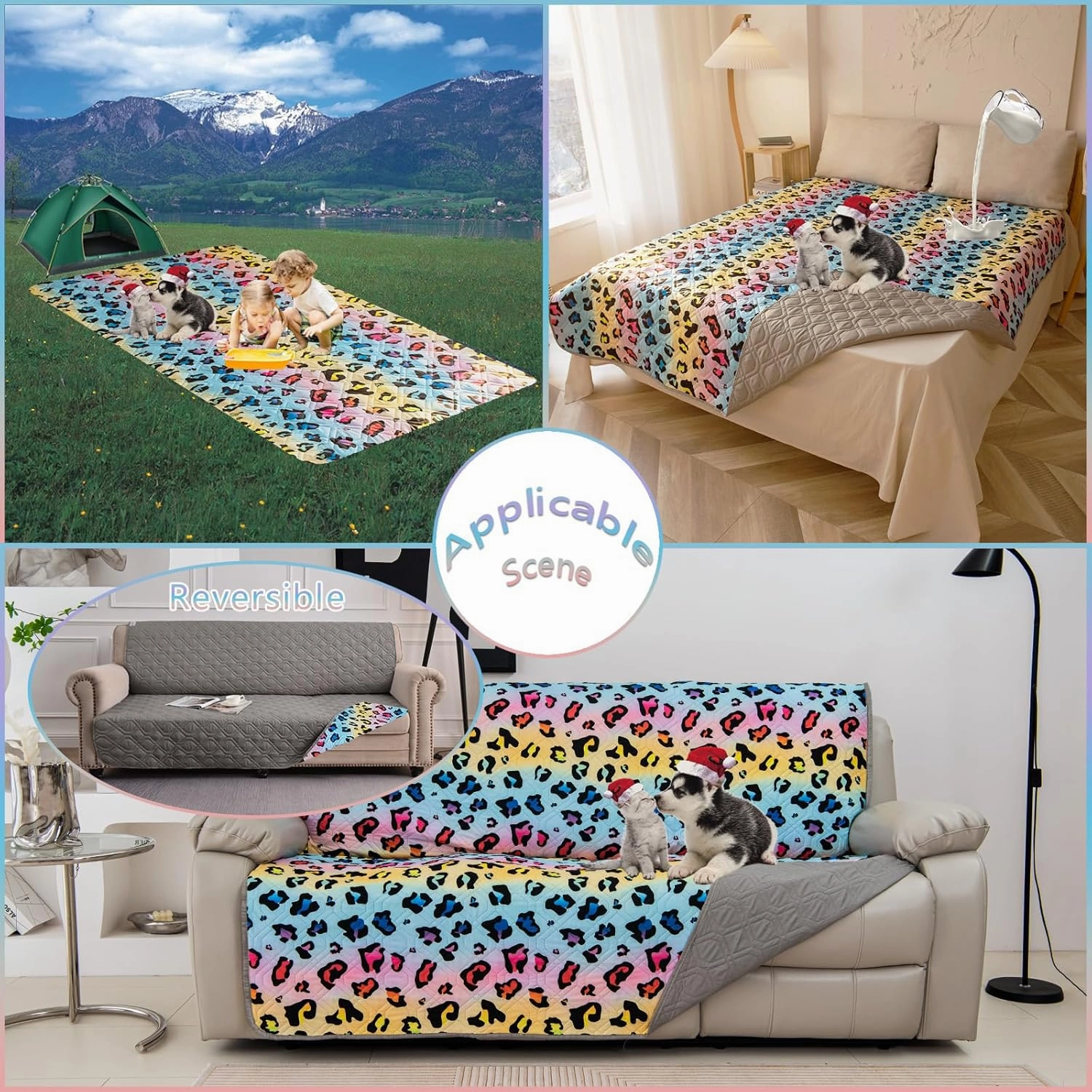 Waterproof Dog Bed Cover 30x70inch Reversible Pad Reusable Camping Mat for Kids/Pet/Dog/Cat Washable Geometric Embroidery Blanket Patchwork Rainbow Leopard Printed Gray