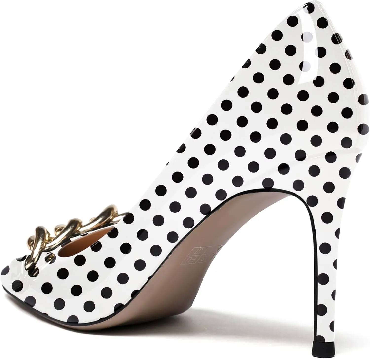 WAYDERNS Women's Gold Metal Chain Patent Pointed Toe Slip On Stiletto High Heel Pumps Shoes 3.5 Inch