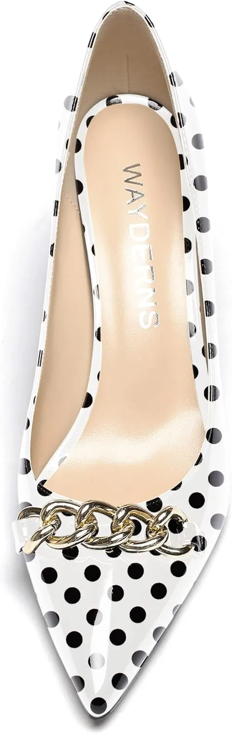 WAYDERNS Women's Gold Metal Chain Patent Pointed Toe Slip On Stiletto High Heel Pumps Shoes 3.5 Inch