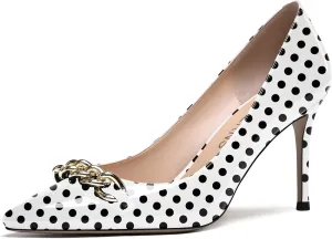 WAYDERNS Women's Gold Metal Chain Patent Pointed Toe Slip On Stiletto High Heel Pumps Shoes 3.5 Inch