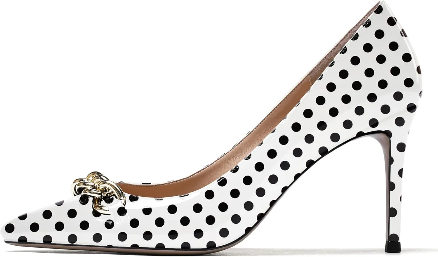 WAYDERNS Women's Gold Metal Chain Patent Pointed Toe Slip On Stiletto High Heel Pumps Shoes 3.5 Inch