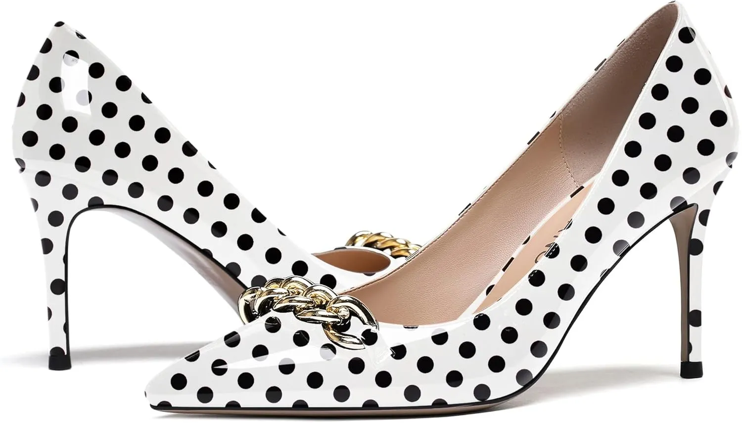 WAYDERNS Women's Gold Metal Chain Patent Pointed Toe Slip On Stiletto High Heel Pumps Shoes 3.5 Inch