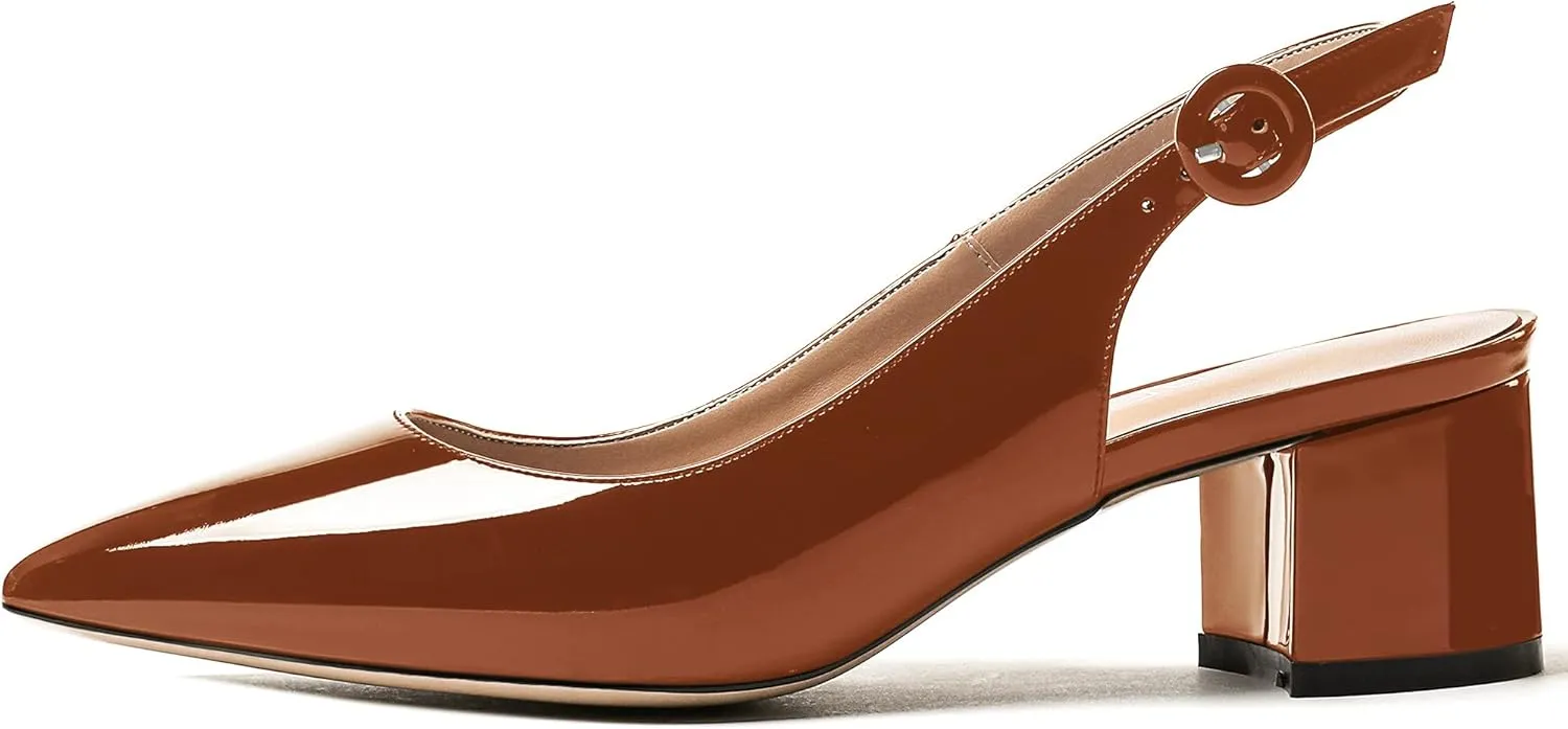 WAYDERNS Women's Patent Leather Ankle Strap Pointed Toe Slingback Low Kitten Heel Pumps Office Work Dress Shoes 2 Inch