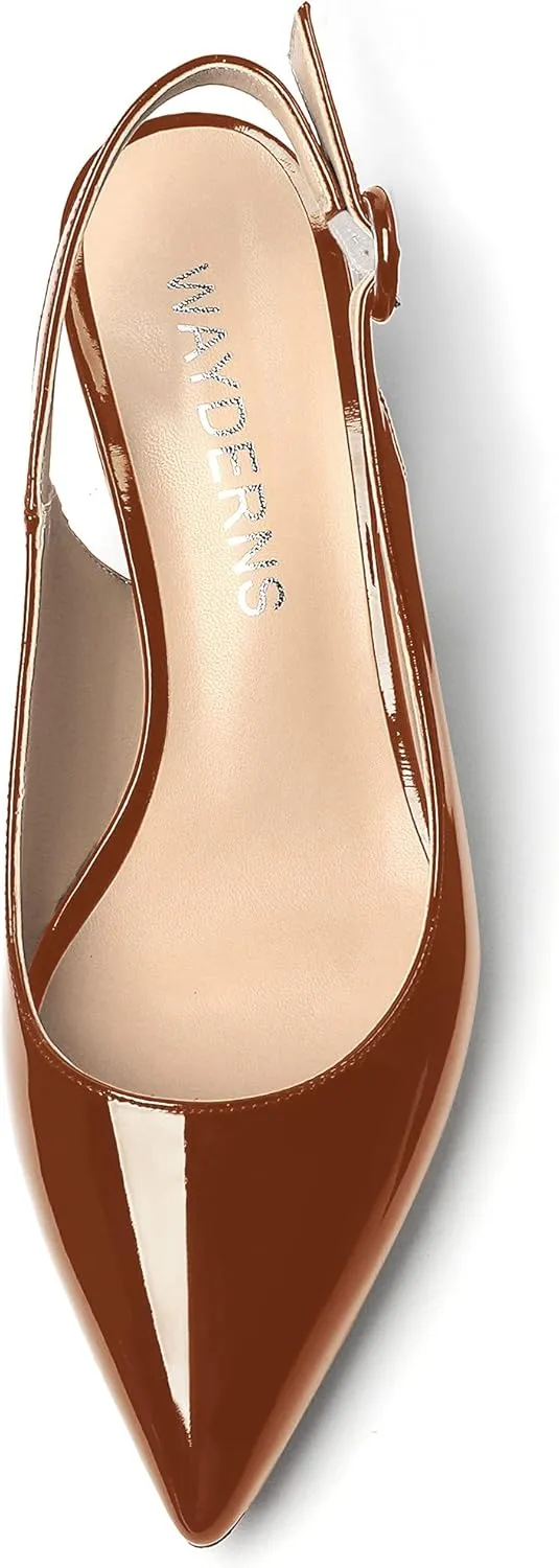 WAYDERNS Women's Patent Leather Ankle Strap Pointed Toe Slingback Low Kitten Heel Pumps Office Work Dress Shoes 2 Inch