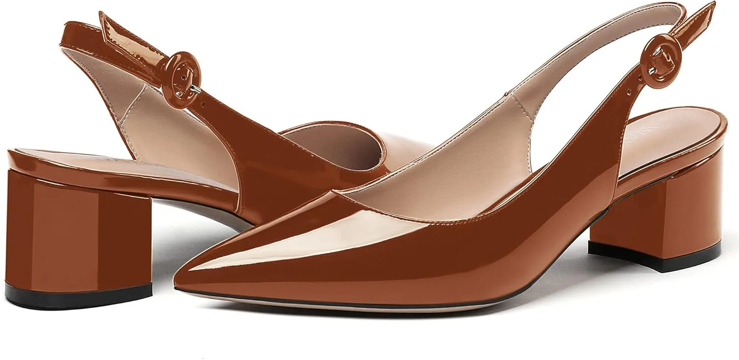 WAYDERNS Women's Patent Leather Ankle Strap Pointed Toe Slingback Low Kitten Heel Pumps Office Work Dress Shoes 2 Inch