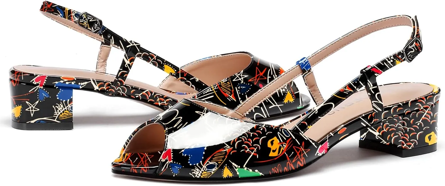 WAYDERNS Women's Slingback Patent Ankle Strap Peep Toe Chunky Low Heel Pumps Shoes 1.5 Inch