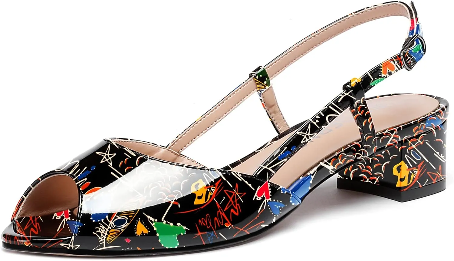 WAYDERNS Women's Slingback Patent Ankle Strap Peep Toe Chunky Low Heel Pumps Shoes 1.5 Inch