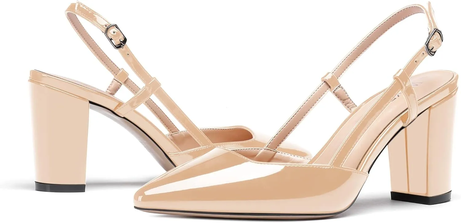 WAYDERNS Women's Slingback Pointed Toe Patent Ankle Strap Block High Heel Pumps Wedding Event Dress Shoes 3 Inch
