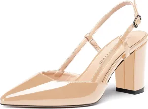 WAYDERNS Women's Slingback Pointed Toe Patent Ankle Strap Block High Heel Pumps Wedding Event Dress Shoes 3 Inch