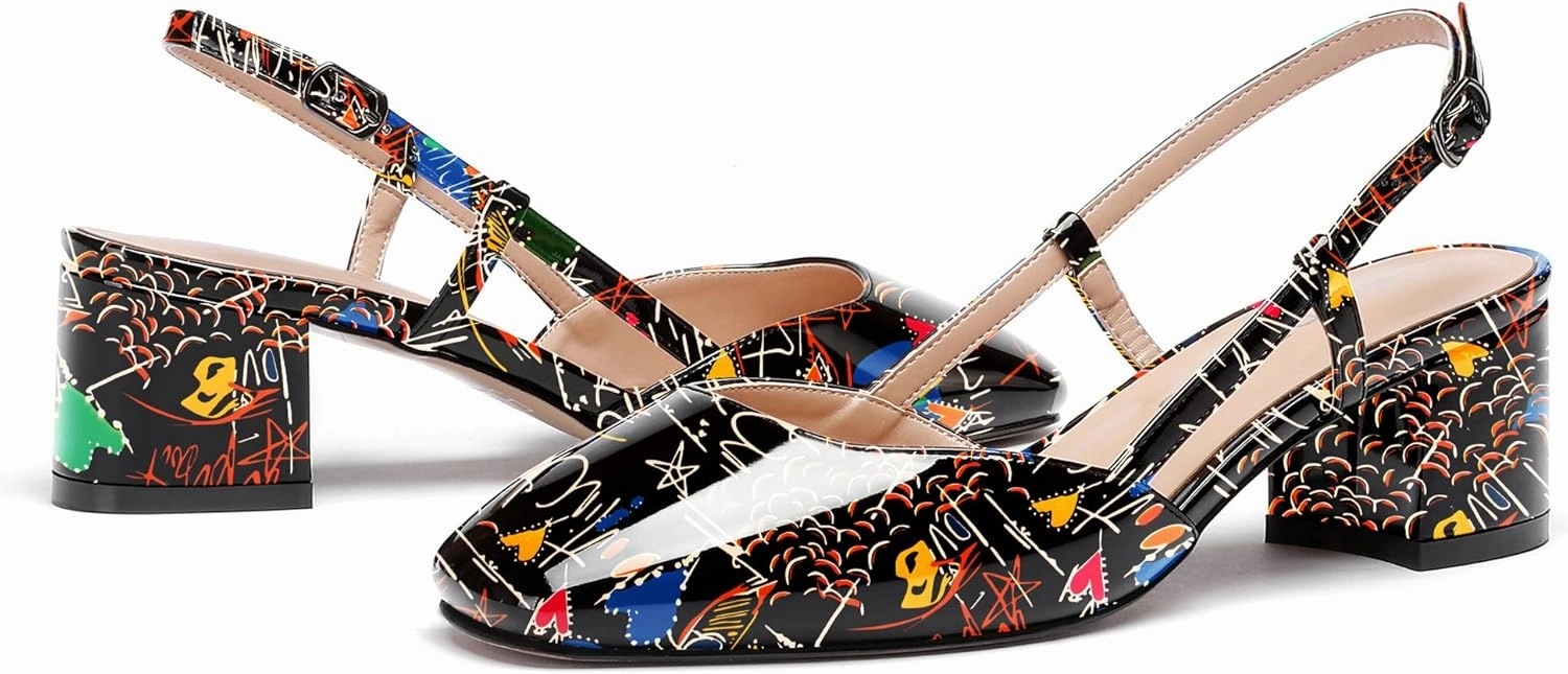 WAYDERNS Women's Ankle Strap Square Toe Block Patent Leather Slingback Chunky Low Heel Pumps Shoes 2 Inch