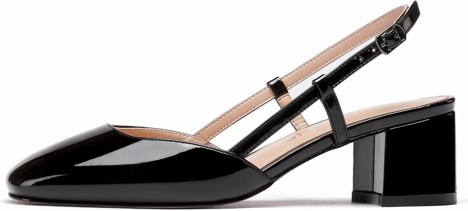 WAYDERNS Women's Ankle Strap Square Toe Block Patent Leather Slingback Chunky Low Heel Pumps Shoes 2 Inch
