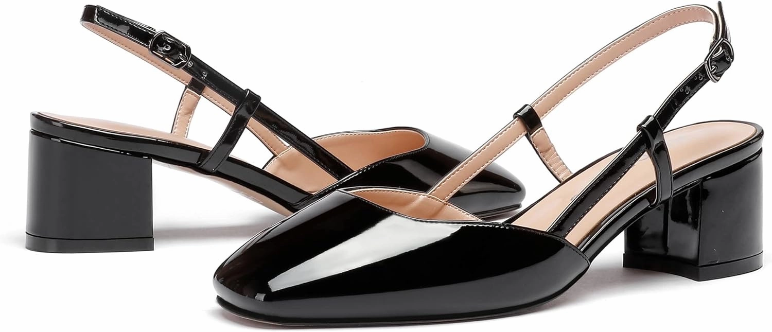 WAYDERNS Women's Ankle Strap Square Toe Block Patent Leather Slingback Chunky Low Heel Pumps Shoes 2 Inch