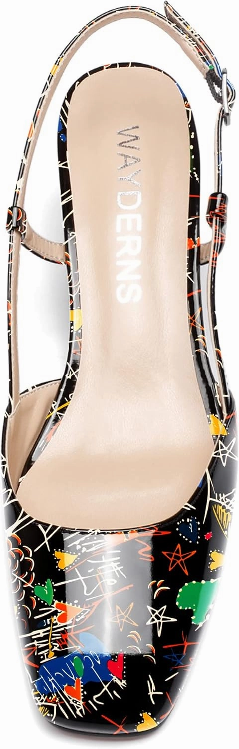 WAYDERNS Women's Ankle Strap Square Toe Block Patent Leather Slingback Chunky Low Heel Pumps Shoes 2 Inch