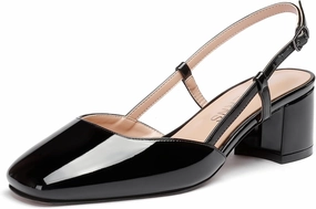 WAYDERNS Women's Ankle Strap Square Toe Block Patent Leather Slingback Chunky Low Heel Pumps Shoes 2 Inch