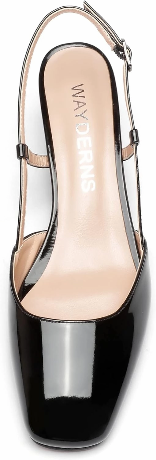 WAYDERNS Women's Ankle Strap Square Toe Block Patent Leather Slingback Chunky Low Heel Pumps Shoes 2 Inch