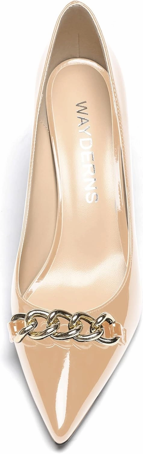 WAYDERNS Women's Gold Metal Chain Patent Pointed Toe Slip On Stiletto High Heel Pumps Shoes 3.5 Inch
