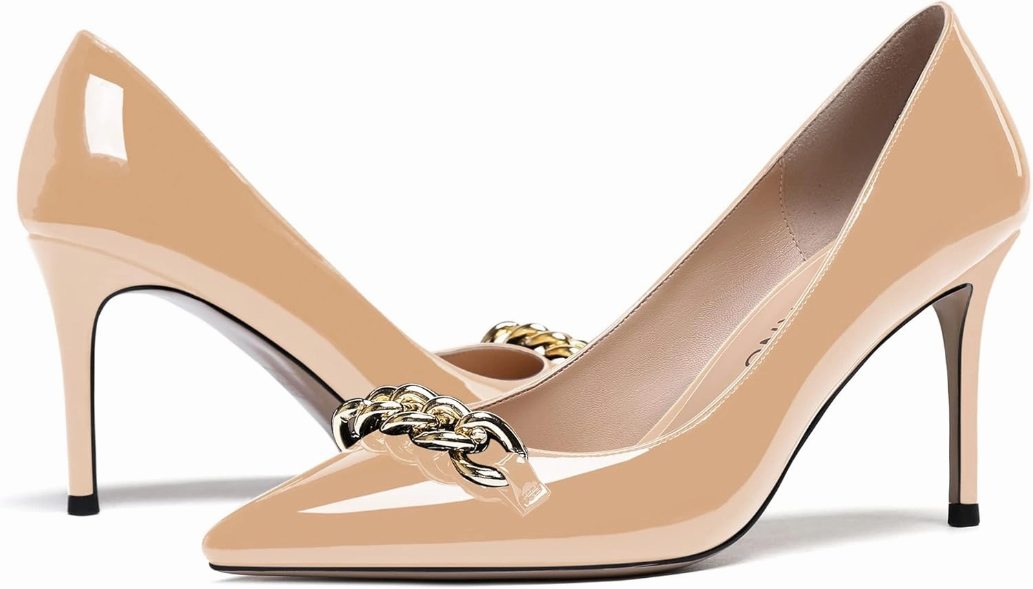 WAYDERNS Women's Gold Metal Chain Patent Pointed Toe Slip On Stiletto High Heel Pumps Shoes 3.5 Inch