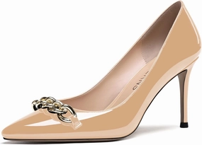 WAYDERNS Women's Gold Metal Chain Patent Pointed Toe Slip On Stiletto High Heel Pumps Shoes 3.5 Inch