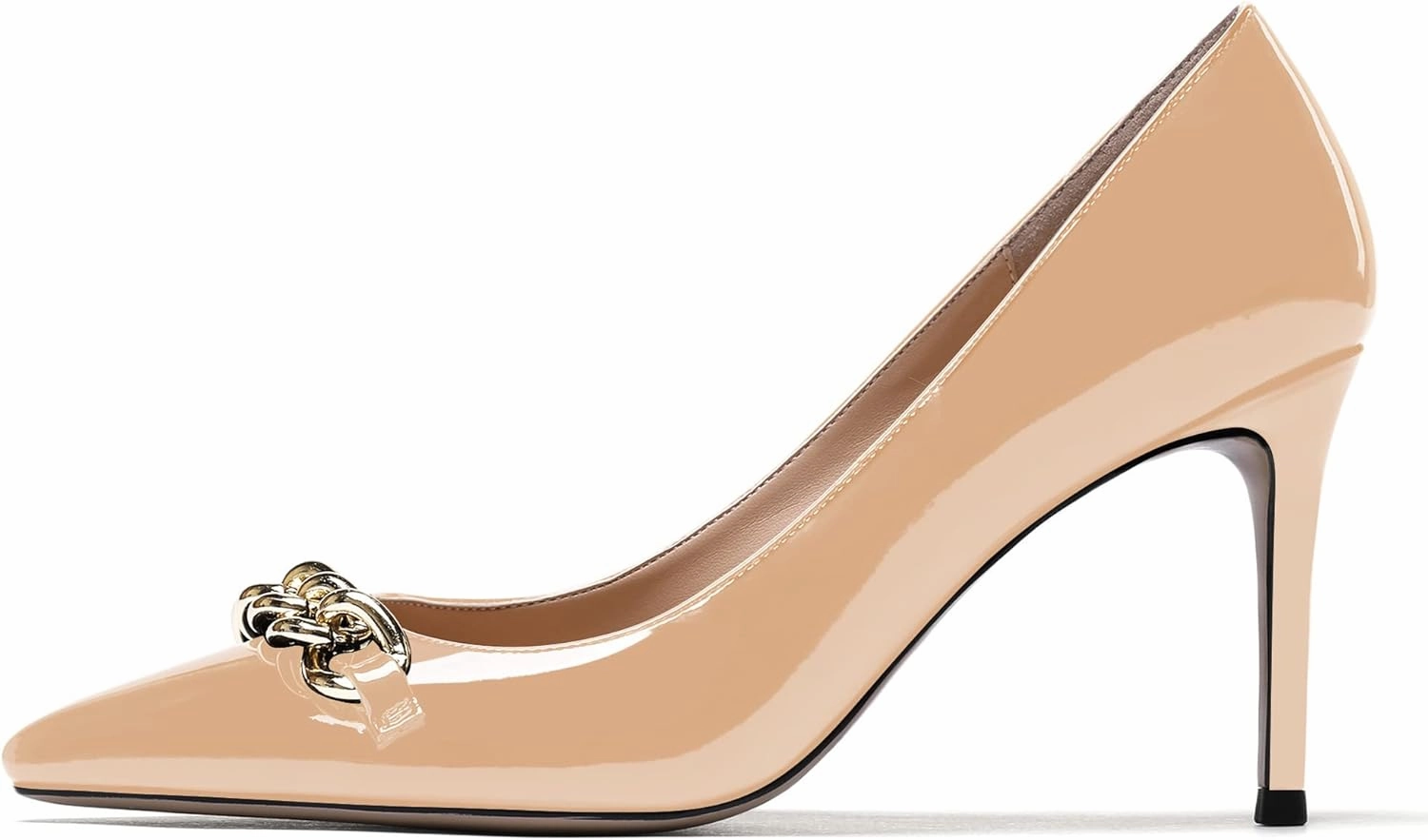 WAYDERNS Women's Gold Metal Chain Patent Pointed Toe Slip On Stiletto High Heel Pumps Shoes 3.5 Inch