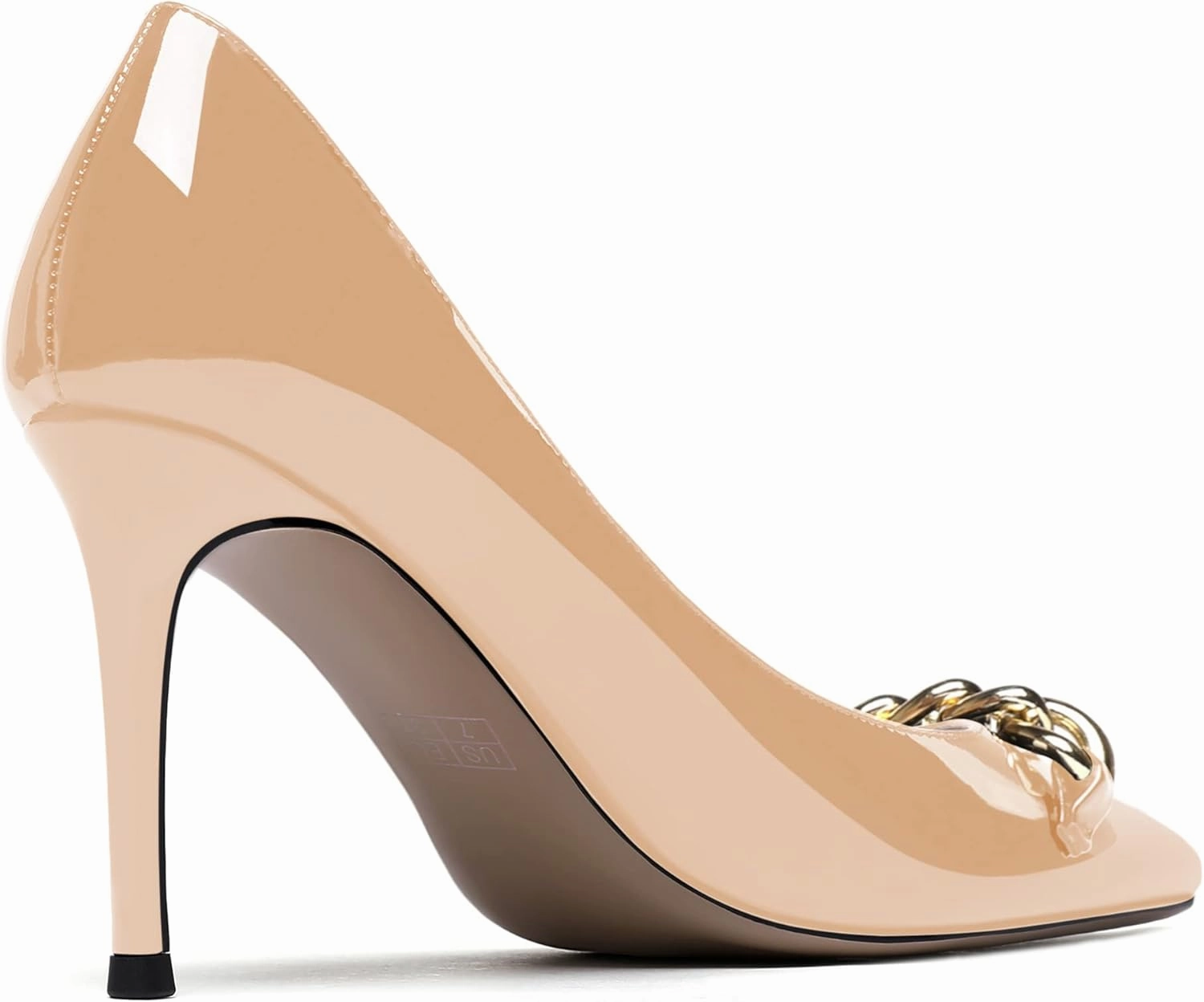 WAYDERNS Women's Gold Metal Chain Patent Pointed Toe Slip On Stiletto High Heel Pumps Shoes 3.5 Inch