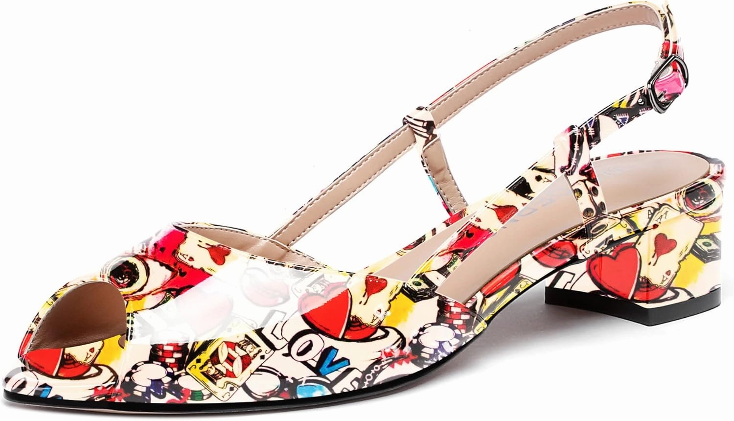 WAYDERNS Women's Slingback Patent Ankle Strap Peep Toe Chunky Low Heel Pumps Shoes 1.5 Inch
