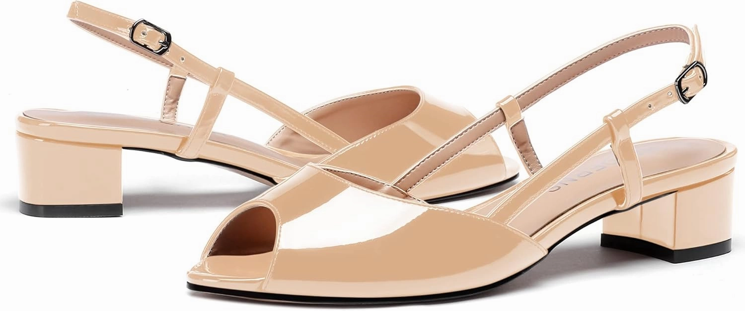 WAYDERNS Women's Slingback Patent Ankle Strap Peep Toe Chunky Low Heel Pumps Shoes 1.5 Inch