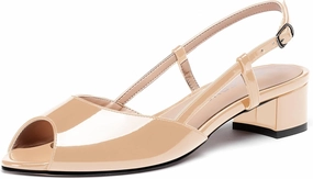 WAYDERNS Women's Slingback Patent Ankle Strap Peep Toe Chunky Low Heel Pumps Shoes 1.5 Inch