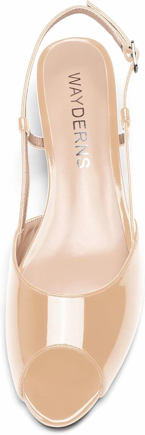 WAYDERNS Women's Slingback Patent Ankle Strap Peep Toe Chunky Low Heel Pumps Shoes 1.5 Inch